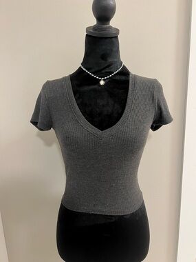 Essentials Charcoal Ribbed V-Neck Crop Top